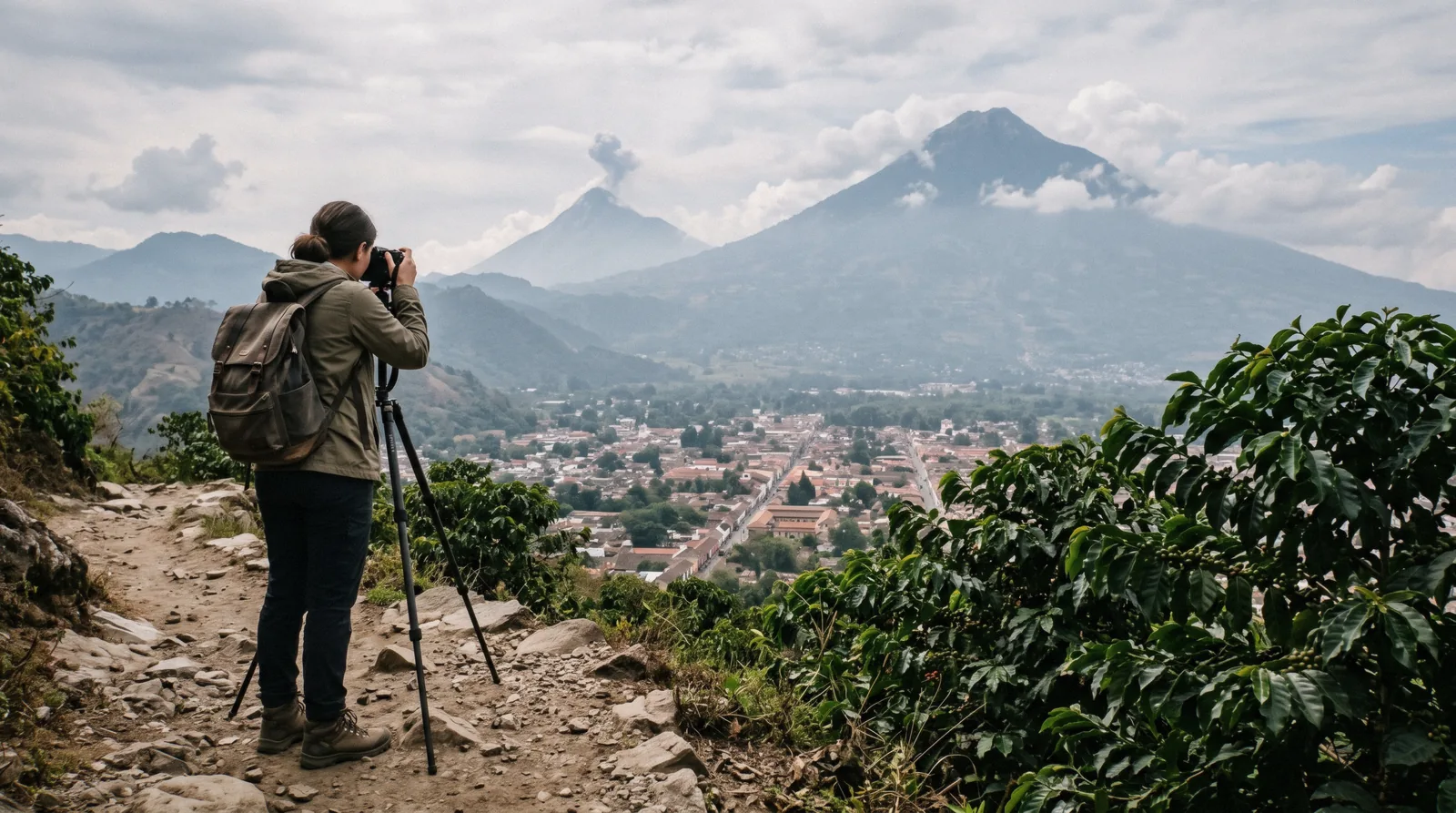 Panorama of Antigua Guatemala from above, with red rooftops, the Santa Catalina Arch and the cone of Volcan de Agua