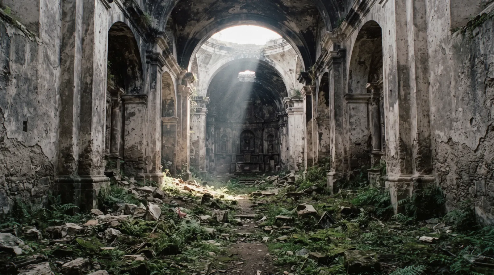 The ruined walls of the old cathedral rising behind the working parish of San Jose