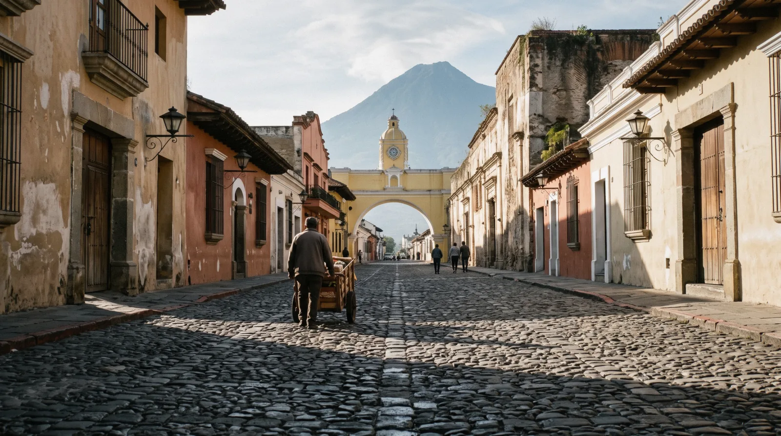 The yellow Santa Catalina arch over a cobblestone street with Volcan de Agua behind, Antigua Guatemala